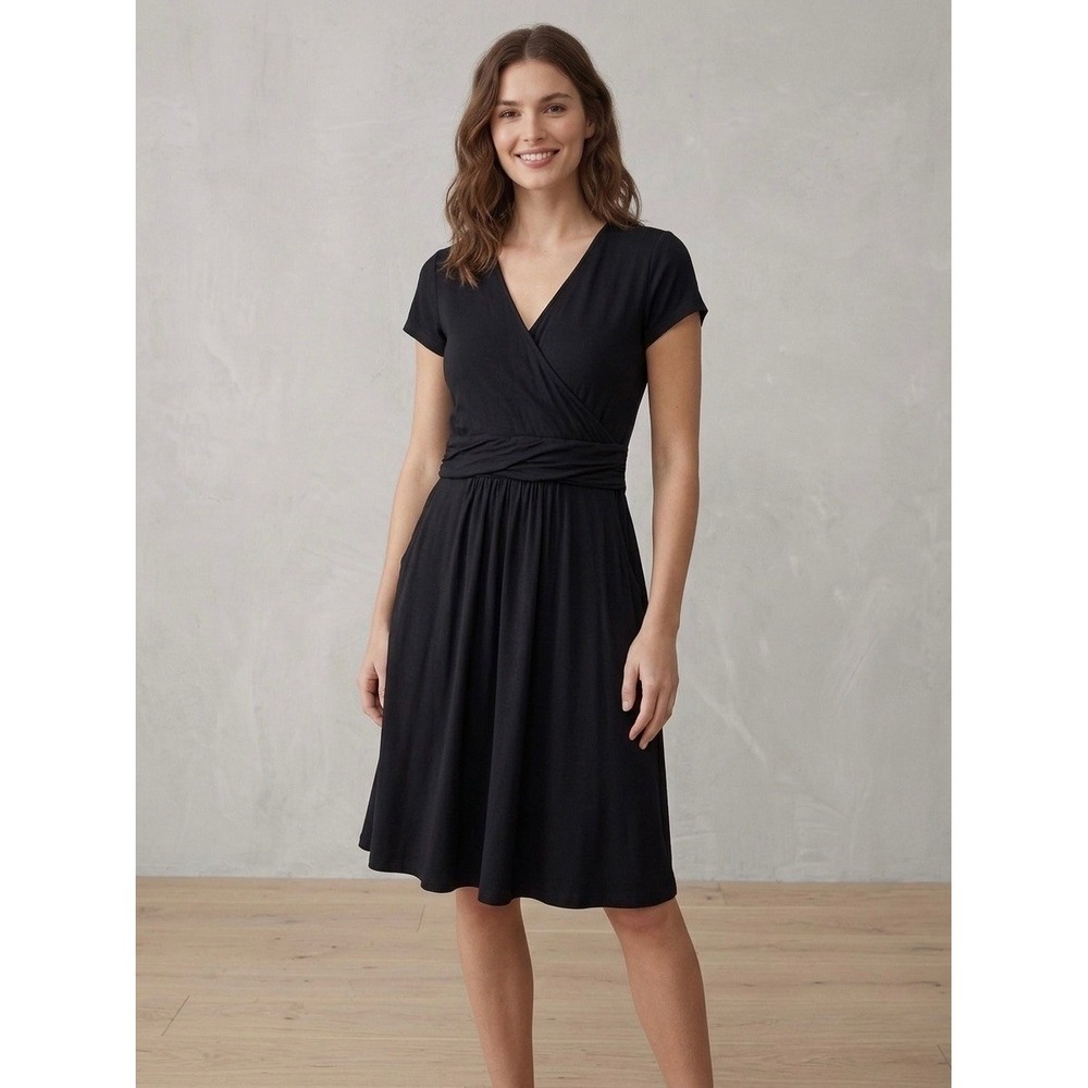Boden Black Jersey Faux Wrap Dress Short Sleeve V-Neck Ruched Waist US 6R J0592